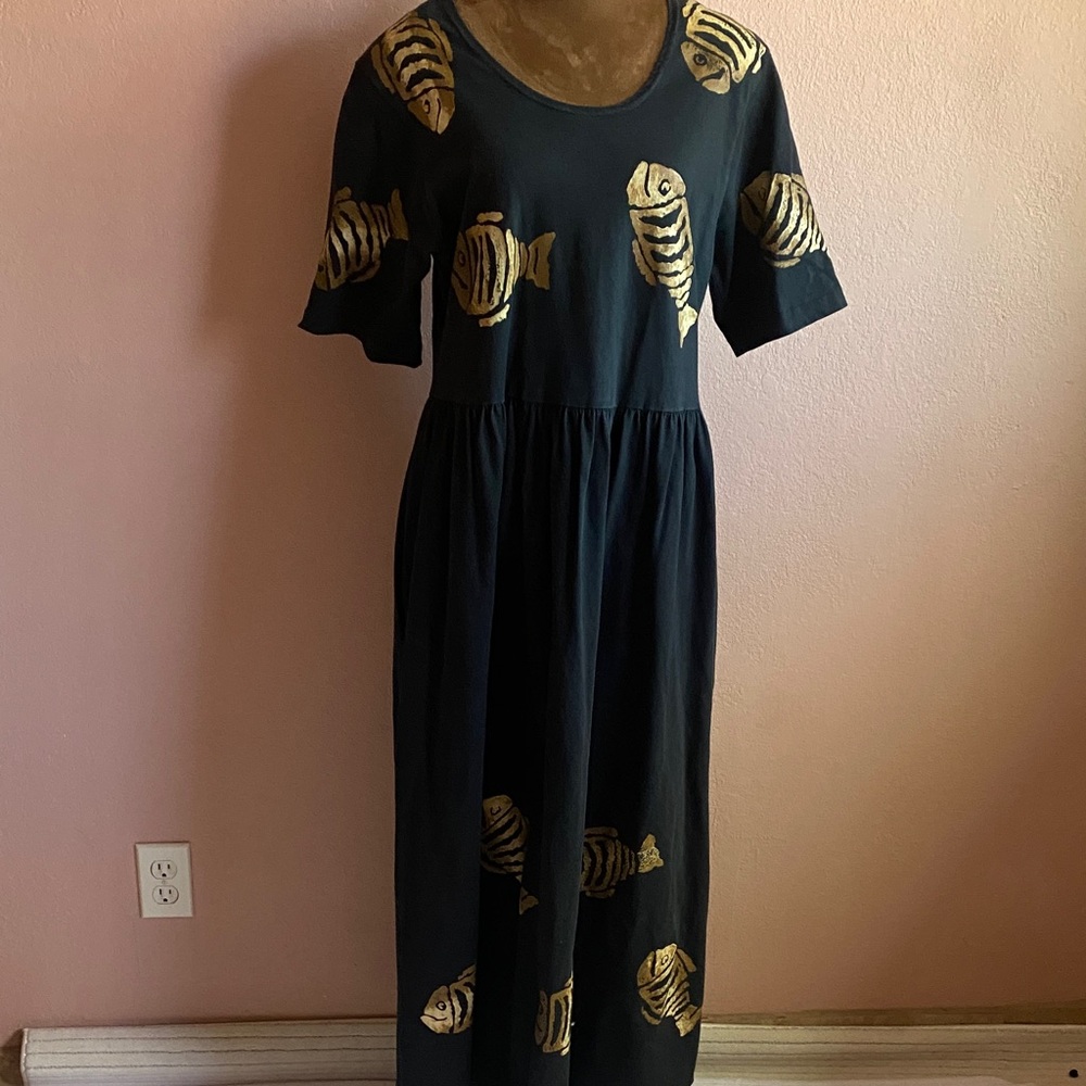 L.A  artwear 100% Cotton Chic Black Midi Dress with Gold Fish Design
